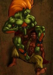 balls bara blanka boner capcom erection gay green_body green_skin lay_(artist) male male_only muscles muscular orange_hair penis penis_out sean_matsuda sitting street_fighter