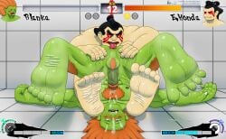 balls bara blanka boner capcom edmond_honda erection feet gay green_body green_skin male male_only muscles muscular musk nude orange_hair penis rhodenspire street_fighter sweat sweating tongue_in_anus