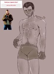 1male 1man annoyed_expression annoyed_face body_hair boxers facial_hair fit_male gloves grand_theft_auto grand_theft_auto_iv happy_trail high_resolution highres in_underwear male_only neppyin niko_bellic no_genitals_shown oil oiled oiled_skin oiled_up request requested self_upload short_hair simple_background simple_shading solo solo_focus strawpage_request underwear underwear_only