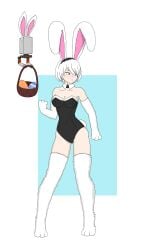 bunny_ears bunny_girl bunnysuit cleavage drone elbow_gloves female fully_clothed gloves long_gloves minimedjed nier:_automata png revealing_clothes stockings white_hair yorha_2b