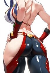 ai_generated ass ass_focus bare_shoulders blazblue:_central_fiction blue_hair blush breasts female fingerless_gloves from_behind gloves head_out_of_frame large_breasts long_hair mai_natsume pants shiny shiny_clothes shiny_hair shiny_skin sideboob solo very_long_hair