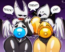 2024 2d_(artwork) 2girls 4random_user_(artist) artist_signature artist_upload background big_areola big_breasts black_body black_eyes blush breast_squish breasts_bigger_than_head breasts_frottage celebration collar girls_only halloween halloween_2024 halloween_costume hollow_knight hornet_(hollow_knight) huge_thighs insect_abdomen insects painted_breasts pussy queen_bee queen_vespa skeleton_bodypaint team_cherry text text_bubble yellow_body