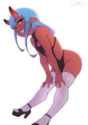 1futa bent_over blue_eyes blue_hair freckles freckles_on_shoulders futa_only futanari heels hi_res horns jackrockhardt long_hair looking_at_viewer oni oni_horns pointy_ears red_skin smiling smiling_at_viewer solo sui_(suikisses) teeth_showing thighhighs white_background white_thighhighs