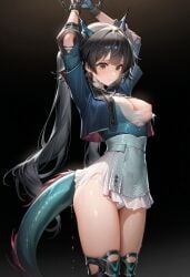 ai_generated arknights arknights:_endfield arms_up black_hair breasts breasts_out brown_eyes captured chained chains chen_qianyu_(arknights) defeated female horn horns ripped_clothing tail thigh_boots thighs torn_clothes torn_clothing