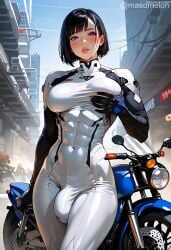 abs ai_generated athletic_female bodysuit bulge fit_female futa_only futanari groping_breasts looking_at_viewer masomelon motorcycle motorcycle_suit muscles tight_clothing