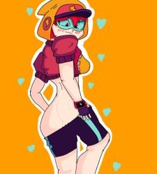 bad_anatomy bad_drawing big_ass blush brawl_stars max_(brawl_stars) medium_breasts nervous_smile purple_eyes red_hair showing_ass simple simple_background simple_shading streetwear streetwear_max supercell thick thick_ass thick_thighs tinted_eyewear