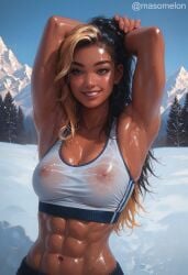 1girls abs ai_generated armpit_fetish armpits athletic_female dark-skinned_female dark_skin fit_female masomelon muscular_female nipples_visible_through_clothing see-through solo solo_female sweat sweating sweaty sweaty_armpits sweaty_body tomboy