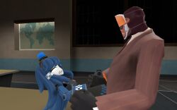 1boy 1girls age_difference blue_clothing blue_hair cigarette disguise fully_clothed garry's_mod hand_grab hip_grab human_on_robot long_hair looking_up mask meme mimi_sentry office pleasure_face red_clothing red_suit robot robot_girl robot_humanoid sex sharp_teeth spy_(team_fortress_2) straight straight_sex striped_clothing symbol-shaped_pupils table_sex tagme team_fortress_2 valve what_the_fuck what_the_fuck_is_this wtf