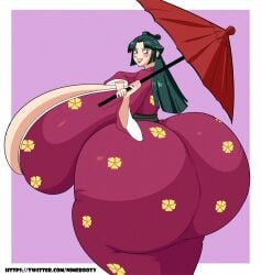 chichi_(manyuu_hikenchou) enormous_ass enormous_breasts gigantic_ass gigantic_breasts green_hair huge_ass huge_breasts japanese_clothes japanese_clothing japanese_female kimono lipstick manyuu_hikenchou nimebooty smile umbrella_on_shoulder