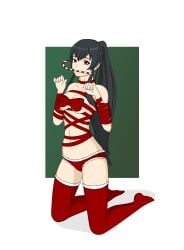 black_hair bondage bound christmas christmas_outfit female female_only femsub minimedjed png ponytail red_eyes stockings thighhighs yahagi_(kantai_collection)