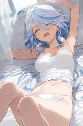 ai_generated bed belly belly_button blue_hair closed_eyes female furina_(genshin_impact) genshin_impact lying lying_on_bed midriff morning open_mouth panties pillow sleeping tagme underwear waking_up yawn