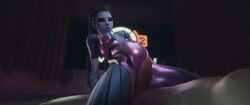 1boy 3d alternate_costume blizzard_entertainment cleavage dark_room fraxxlr french_female large_penis light-skinned_male overwatch overwatch_2 pregnant pregnant_female purple_skin small_breasts widowmaker