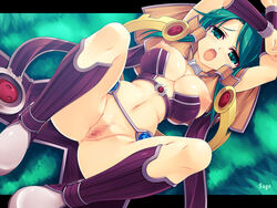 areolae arms_up blush boots bottomless breasts censored character_name dutch_angle female female grass green_eyes green_hair kinoshita_ichi knee_boots knees large_breasts legs long_hair looking_at_viewer lying mosaic_censoring mound_of_venus navel nipples no_panties on_back open_mouth pussy ragnarok_online sage_(ragnarok_online) solo spread_legs tears