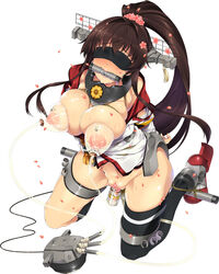 arms_behind_back bit_gag blindfold bondage breasts brown_hair convenient_censoring dildo female gag kantai_collection kneeling lactation long_hair milking_machine mizuki_makoto nipples ponytail pussy pussy_juice rope saliva solo spreader_bar sweat tied_hair yamato_(kantai_collection)