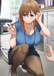 1girls absurd_res big_breasts blue_shirt breasts brown_hair brown_pantyhose cleavage collarbone fingernails hi_res holding holding_pen indoors kneeling lanyard looking_at_viewer mole mole_under_eye nail_polish office_lady original pantyhose pen pencil_skirt pink_nails pov shirt shoes skirt solo_focus thighs udon_(udonalium) white_footwear