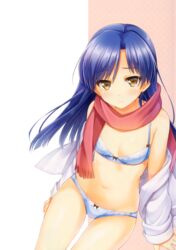 bra breasts idolmaster kisaragi_chihaya long_hair panties scarf shirt thighs