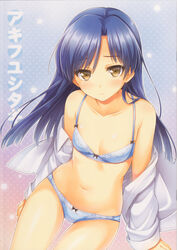 bra breasts idol idolmaster kisaragi_chihaya long_hair panties shirt thighs