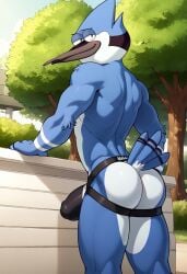 ai_generated anthro anthro_male ass avian back biceps bird blue_fur blue_jay blush bulge cartoon_network furry gay jockstrap jockstrap_only looking_back male male_only mordecai_(regular_show) muscular muscular_male regular_show smile toned_body toned_male twall97