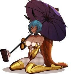 1girls big_breasts blue_eyes blue_hair breasts bunnysuit cleavage heterochromia kogasa_tatara kogasa_tatara_(umbrella) light-skinned_female red_eyes solo solo_female thick_thighs thighs tomatolover16 touhou white_background