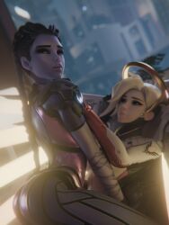 2girls 3d blizzard_entertainment clothed clothed_female female fraxxlr french_female light-skinned_female mercy overwatch overwatch_2 purple_skin sitting sitting_on_lap sitting_on_person tagme widowmaker