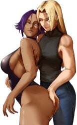 ass ass ass_grab biceps big_ass big_butt bleach blonde_female blonde_hair blonde_hair caress clothed clothes clothing female female_focus female_only grab_from_behind jeans jujutsu_kaisen larger_female leotard shihouin_yoruichi shorter_female sleeveless sleeveless_shirt smaller_female smile smiling taller_female xiiicaelum yellow_eyes yuki_tsukumo yuri