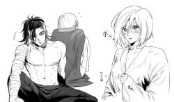 1boy 1girls adaman_(pokemon) blush borrowed_clothes coat collarbone eyebrow_cut greyscale irida_(pokemon) jyu_(jiuu10ten) muscular muscular_male nintendo pectorals pokemon pokemon_legends:_arceus short_hair sitting straight sweat topless_male