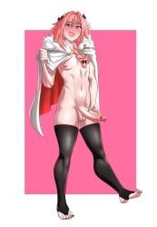 1boy 2024 astolfo_(fate) balls beetqb black_thighhighs braid cape fate/apocrypha fate/grand_order fate_(series) full_body fur_cape hi_res long_hair looking_at_viewer male male_only mostly_nude penis pink_hair smiling smiling_at_viewer smug solo thighhighs toeless_legwear