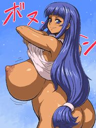 aliasing areolae ass black_eyebrows blue_eyes blue_hair bottomless bouncing_breast breasts clothing dark-skinned_female dark_skin eyebrows_visible_through_hair fuutou_shizune happy hime_cut huge_areolae huge_breasts japanese_text large_breasts long_hair long_ponytail looking_at_viewer looking_back mascara motion_lines nipples no_bra oekaki oshioki_sweetie plump ribbon shiny_skin sky smile standing stars tan_skin tank_top tank_top_lift tenseiani translation_request very_long_hair wiggle_lines