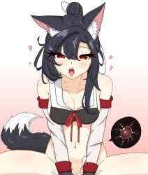 animal_ear_fluff animal_ears azur_lane black_bra black_hair bra cowgirl_position cum cum_in_pussy detached_sleeves female fertilization heart highres implied_sex impregnation internal_cumshot open_mouth ovum red_eyes ribbon sbeve2004 sex shigure_(azur_lane) shigure_(retrofit)_(azur_lane) simple_background straddling tail tongue tongue_out underwear vaginal_penetration white_sleeves x-ray