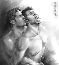 2boys abs angel artist_signature bara biceps black_and_white castiel castiel_(supernatural) closed_eyes dark_hair dean_winchester destiel_(ship) duo finger_in_mouth freckles gay gay_anal gay_sex gio_gui holding_partner human implied_anal implied_penetration jensen_ackles light-skinned_male light_skin looking_at_partner looking_pleasured male male/male male_only male_penetrated male_penetrating male_penetrating_male misha_collins monochrome muscles muscular muscular_male nipples no_visible_genitalia open_mouth pecs sex shirtless shirtless_male supernatural_(series) yaoi