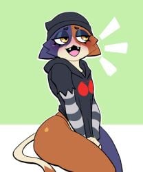 black_clothing blue_fur brown_fur cap covering_breasts covering_crotch embarrassed fortnite green_background hoodie legs_together lovetopullmicke meow_skulls_(fortnite) open_mouth tail tongue white_fur