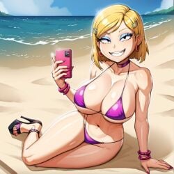 ai_generated all_grown_up angelica_pickles beach bikini blonde_hair breasts choker cleavage female high_heels huge_breasts navel platform_heels rugrats short_hair