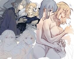 2girls ahoge anisphia_wynn_palettia areolae arms_around_partner bed bed_sheet blonde_hair blush breasts canon_couple closed_eyes color completely_nude euphyllia_magenta fully_clothed grey_hair hand_on_another's_chest headphones koyomania lighting long_hair looking_at_partner lying lying_on_back lying_on_bed lying_on_side married_couple nuzzling purple_eyes romantic romantic_couple silver_hair sleeping slight_blush standing tensai_ouji_no_akaji_kokka_saiseijutsu tickling white_background wholesome wife_and_wife yuri