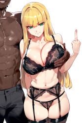 1girls ai_generated bimbo blonde_hair dark-skinned_male huge_breasts huge_cock interracial middle_finger noirprincess princess_anastasia