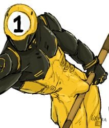 1_ball_(fortnite) 5_fingers animate_inanimate anthro armor ass ball billiard_ball bulge cue_stick epic_games faceless fingers fortnite fortnite:_battle_royale headgear helmet humanoid looking_at_viewer machine male muscular muscular_anthro muscular_male oxtra pool robot robot_humanoid solo yellow_body yellow_jumpsuit