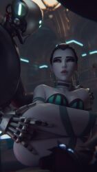 1boy 3d blizzard_entertainment fingering fingering_pussy fraxxlr french_female large_breasts overwatch overwatch_2 purple_skin robot robot_boy shaved_pussy two_fingers two_fingers_in_pussy widowmaker