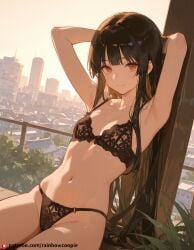 ai_generated beautfiul_background cityscape faint_smile flat_chest houraisan_kaguya lace_lingerie pussy sitting_with_hands_behind_head sparse_vegetation stunning_backgroud