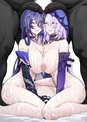 2boys 2girls acheron_(honkai:_star_rail) areola areolae big_ass big_breasts bisexual_(female) black_swan_(honkai:_star_rail) bukkake cum cum_all_over cum_on_ass cum_on_body cum_on_breasts cum_on_hair cum_on_thighs dark-skinned_male detached_sleeves eyes_rolling_back ffmm_foursome holding_hands honkai:_star_rail honkai_(series) interlocked_fingers lavender_hair long_hair looking_at_viewer nipple_piercing nipples nude nude_female pale-skinned_female penis_on_head purple_eyes purple_hair raiden_mei siu_(siu0207) sleeves smile smiling_at_viewer sweat thick_thighs veil