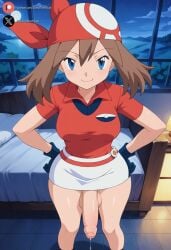 1futa ai_generated balls bedroom big_penis blue_eyes blush brown_hair clothed cock dickgirl flaccid foreskin futa_only futanari high-angle_view huge_cock indoors light-skinned_futanari light_skin looking_at_viewer may_(pokemon) nintendo penis pokemon precum roxygtf short_hair solo standing