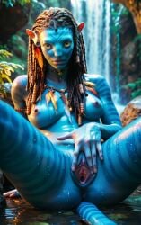 avatar avatar:_the_way_of_water breasts_out butthole ear_piercing neytiri pussy spread_legs spreading_pussy tail tits waterfall wet