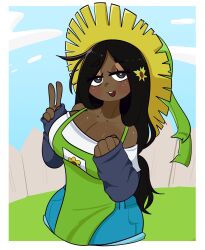 1girls 2025 apron big_breasts black_eyes black_hair blue_shorts blue_sleeves blush breasts brown-skinned_female brown_skin cleavage clothed clothed_female clothing clouds collarbone dark-skinned_female dark_skin day eyebrows eyebrows_visible_through_hair eyelashes female female_only fence flower flower_in_hair freckles freckles_on_face fully_clothed fully_clothed_female green_apron green_hat hair_ornament hat humanized jean_shorts kerbapki long_hair long_sleeves looking_at_viewer nose off_shoulder off_shoulder_shirt open_mouth outdoors peace_sign penismaster48 plants_vs_zombies shirt shorts sleeves smile solo straw_hat sunflower_(pissgata) sunflower_(pvz) teeth teeth_showing v_sign white_shirt wooden_fence