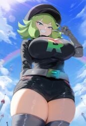 ai_generated ameanon big_breasts breasts gloves green_eyes green_hair hat large_breasts pokemon rainbow_rocket_grunt short_shorts team_rocket thick_thighs thigh_boots tight_clothes tight_clothing tight_fit