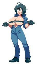 1girls big_breasts breasts female gloves jumpsuit kataochi_chuuko pixel_art strapless tsuki_wani