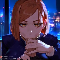 ai_generated blowjob blowjob_face deepthroat holding_penis huge_cock kugisaki_nobara looking_at_viewer penis penis_in_face penis_worship school_uniform waffle_chan