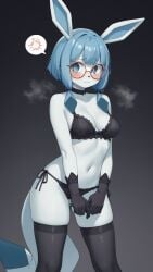 ai_generated animal_ears blush embarrassed glaceon_(cosplay) glasses lingerie medium_breasts petite silk_gloves stockings tail