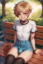 ai_generated bench blonde_hair blue_eyes bulge_through_clothing choker cute ear_piercing femboy feminine_male looking_at_viewer makeup male_only nipples_visible_through_clothing park park_bench shirt short_hair shorts sitting smile stable_diffusion thighhighs tight_clothing