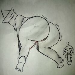 ass battle_for_dream_island bfdi big_ass bubble_butt coiny_(bfdi) fat_ass feet hand_on_thigh object_shows pen_(artwork) penis pin_(bfdi) pussy shaking_legs squatting traditional_media_(artwork)