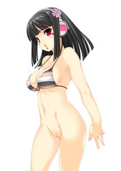 bangs bare_shoulders beatmania beatmania_iidx bikini black_hair blunt_bangs blush bottomless breasts censored facial_mark female female fingernails headphones highres hinazuki_ririna kinoshita_ichi long_fingernails long_hair looking_away mosaic_censoring mound_of_venus multicolored_stripes navel o-ring_top open_mouth pussy red_eyes shiny shiny_skin simple_background solo standing striped striped_bikini striped_swimsuit swimsuit thighs white_background