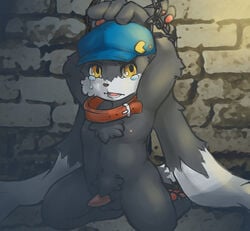 anthro bondage bound cerb0980 chains chest_tuft collar dark_fur furry hat kemono klonoa klonoa_(series) long_ears male male_only namco navel nipples open_mouth pawpads penis pixiv solo tapering_penis tears teeth tuft wall