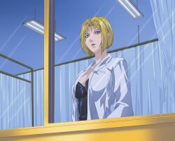 bible_black blonde_hair blue_eyes bob_hair female kitami_reika labcoat lipstick nurse short_hair voluptuous_female window witch